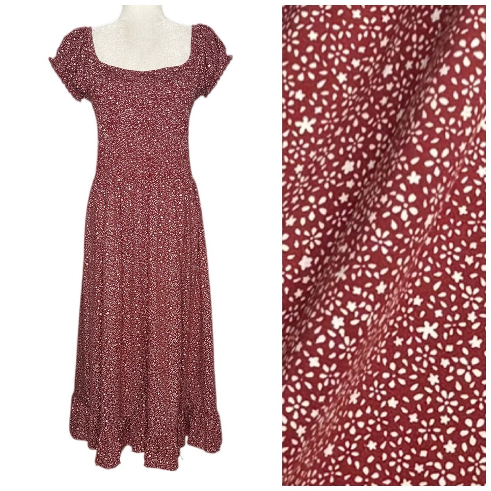 Urban Outfitters Large Rust Red Floral Smocked Dress Puff Sleeves Midi Maxi